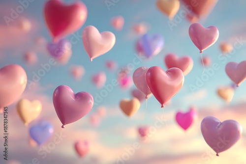 A serene sky filled with numerous heart-shaped balloons in various pastel colors