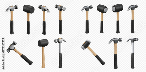 Set of various hammers and mallets with wooden and rubber handles, isolated on transparent background, 3D rendering.