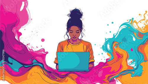 Woman with Laptop Surrounded by Vibrant Colors Vector Art