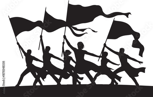 Silhouette of people holding flags in a protest or demonstration