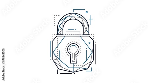 A technical drawing of a padlock with geometric lines and measurements on a white background