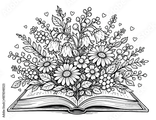 Hand drawn line art illustration of an open book and a floral bouquet depicting the merging of nature and knowledge for literature and growth