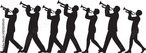 Silhouette of seven musicians playing trumpets walking in a line
