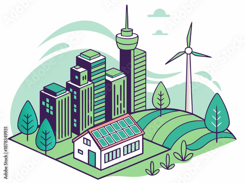 a futuristic eco-city skyline with lush greenery