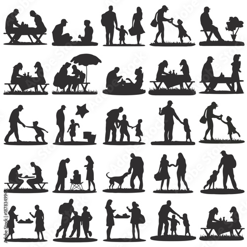 Various people and their pets in different outdoor recreational activities and social interactions in silhouette