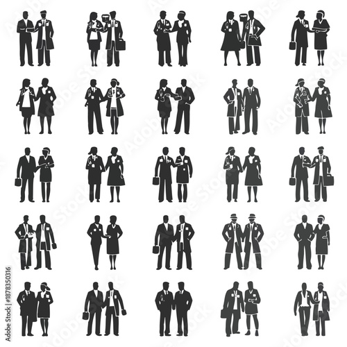 Collection of business people in various poses and combinations in black silhouette on white background