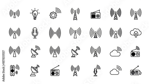 Diverse collection of minimalist outline vector icons representing modern wireless communication, radio broadcasting, internet connectivity, and digital technology concepts for web and app interfaces