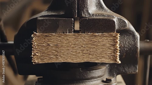 Close Up of a Stack of Thin Metal Strips Clamped Tightly in a Dark Metal Workshop Vice with Soft Natural Lighting Highlighting the Texture of the Material and the Tool