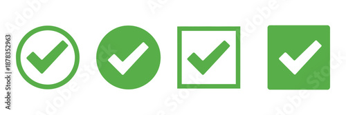 Green check mark icon, vector illustration of checkmark symbol isolated on white background, representing correct choice and approval.