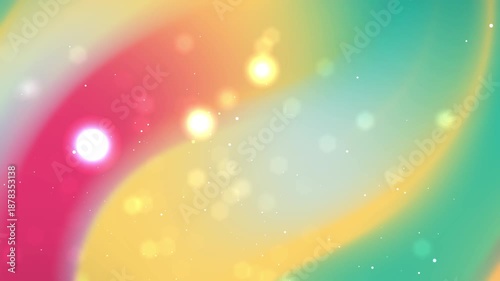 Multi colored rainbow gradient background with bright light flares and floating white particles