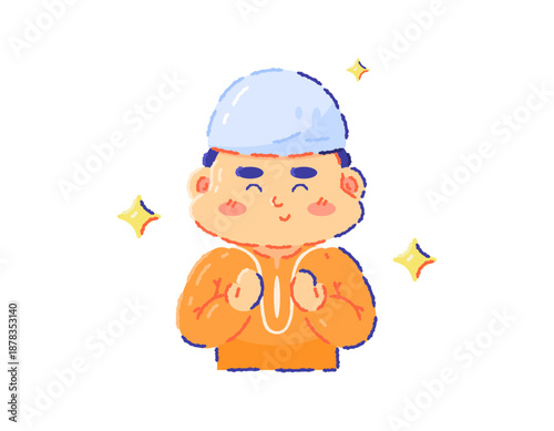 Illustration of a boy praying. Wearing a songkok and a koko shirt. Muslim child. Prayer gesture or pose. Cute, adorable, and funny boy character. Flat, outline, crayon style design. White background.