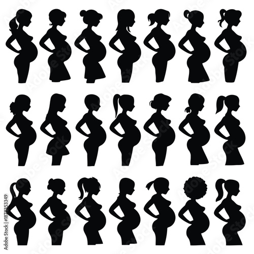 Collection of pregnant women silhouettes in various poses and hairstyles shown in black high quality professional