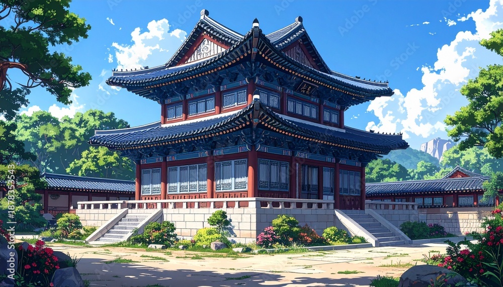 Obraz premium Magnificent Korean Palace - A Detailed Architectural Masterpiece in a Serene Garden Setting.