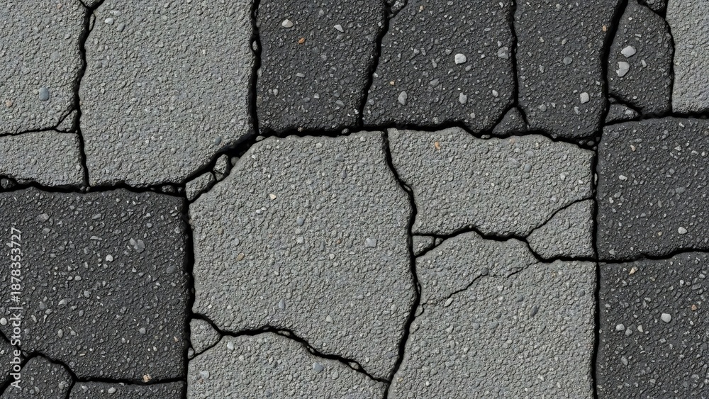 Fototapeta premium Close-animated movie view of a cracked asphalt surface with rough texture and varying shades of gray, showing detailed fissures and granular composition.
