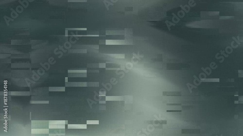 Dark monochromatic green background with digital noise glitch effects and pixelated patterns