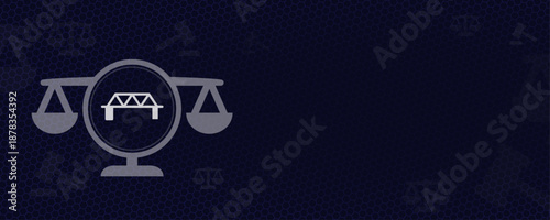 Infrastructure Law and Construction Regulations Concept with Bridge Icon and Scales of Justice Vector Background with Copy Space for Civil Engineering Law