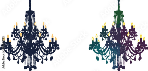 Elegant chandelier silhouette illustration, decorative vintage ceiling lamp design, colorful and dark style lighting element, isolated on white background