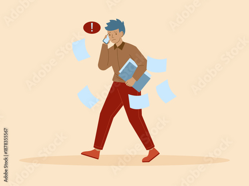 A stressed office employee arguing on the phone while surrounded by paperwork chaos. Busy People illustration. Flat vector concept.