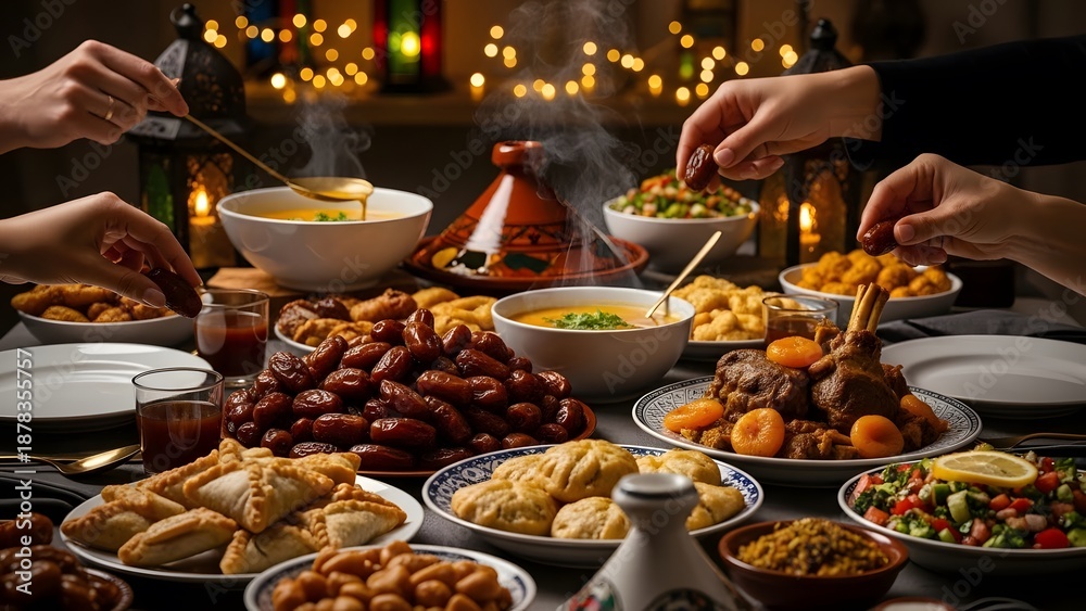 Fototapeta premium Rich Ramadan Feast with Diverse Foods and Dates, Isolated on White Background