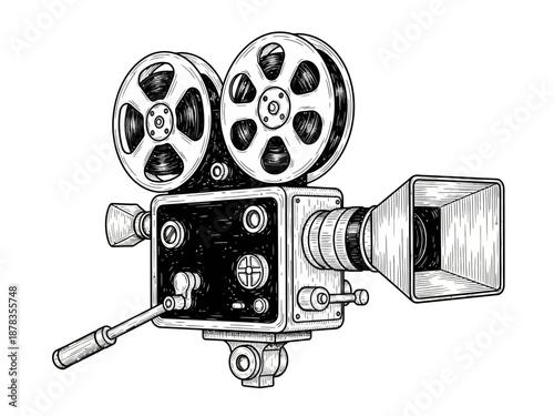 Vintage Film Camera Illustration in Classic Hand-Drawn Engraving Style