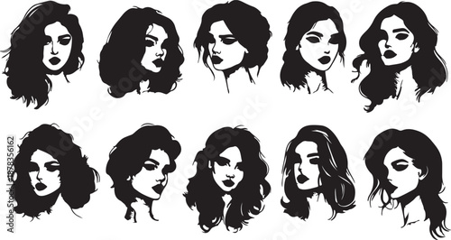 A fashion vector illustration set of girls featuring diverse avatar style head icons with cartoon drawing faces, beauty model hairstyles, and black color art for a hair salon