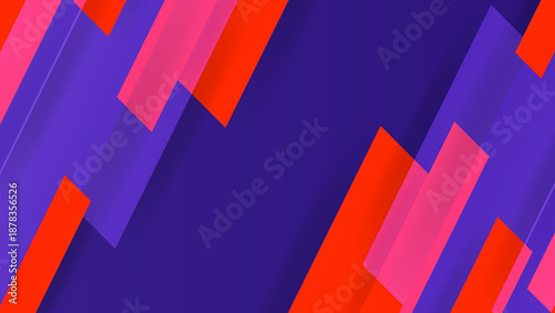 Dark violet canvas layered with translucent diagonal rectangles in electric blue and vibrant orange tones