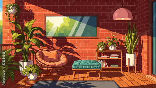 Vector illustration of a cozy sunlit balcony interior with lush green plants, comfortable furniture, and warm light, promoting relaxation
