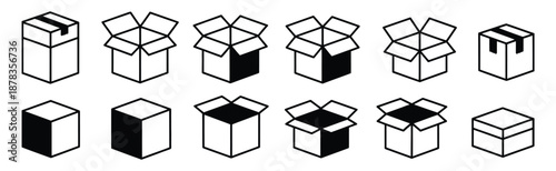 Box line icons with open shipping box and unboxing design, vector illustration of carton boxes for delivery and storage concept.