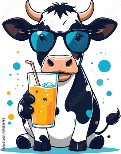Funny cow cartoon character enjoying milkshake with sunglasses high resolution vector