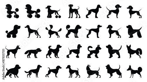 Collection of various dog breeds in different poses and actions depicted in black silhouettes on white background