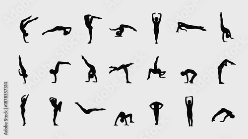 collection of various yoga poses in black silhouette on a plain background for easy reference