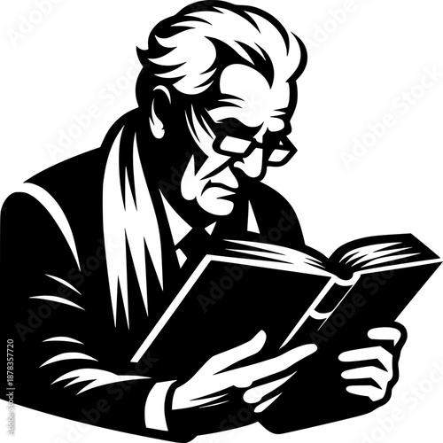 Wise Scholar in Study: A distinguished scholar, engrossed in his studies, pores over a venerable book, its pages whispering tales of knowledge and wisdom.