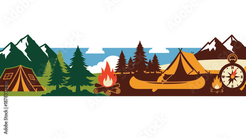 Camping scene with tents, mountains, and outdoor adventure elements.