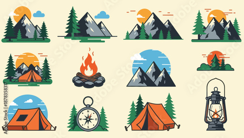 Camping icons set with mountains, tents, and outdoor elements.
