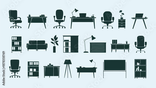 office furniture and equipment icons in dark green on light blue background high quality professional detailed