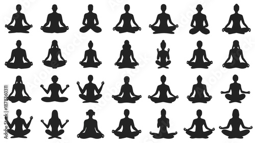 Various yoga poses depicted through multiple black silhouettes in different sitting positions and hand placements on white background