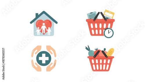 Healthcare and Daily Shopping Icon Set Featuring Medical Support, Home Care, and Grocery Purchase Activities