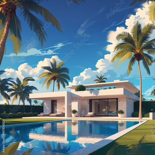 Luxury Modern Villa with Swimming Pool and Palm Trees at Sunset
