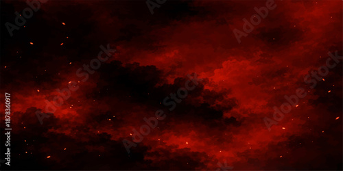 Dramatic abstract background featuring a dark storm cloudscape at sunset with fiery red and orange light merging into a beautiful evening sky