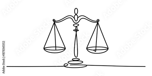 Continuous single line drawing of balance scale symbolizing justice and equality on white background Vector, illustration