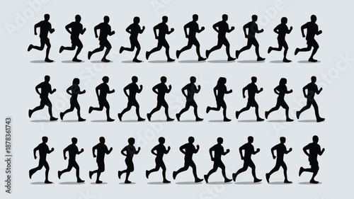 a group of black silhouettes of people running in various positions and movements sidewards high quality
