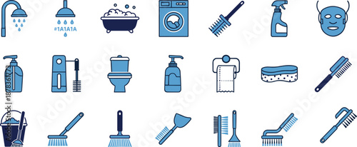 bathroom cleaning icon set, hygiene tools and accessories collection, shower toilet and laundry symbols, blue flat vector design, isolated background