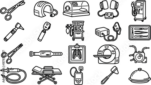Line art medical equipment icon set close up showing scissors, otoscope, ventilator, ct scanner, stretcher, x ray clipboard, surgical tray, defibrillator, stethoscope