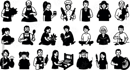 Flat silhouette icon set showing diverse people smiling holding cooking baking tools gardening pottery music coffee close up monochrome studio