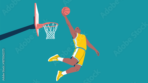 Basketball Player Performing a Mid-Air Slam Dunk, Concept of Athletic Performance, High-Flying Sports Action, Professional Basketball Mastery, and Active Fitness Lifestyle Vector Illustration