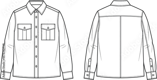 Mens button down shirt technical fashion illustration with front and back view flat vector line drawing apparel design
