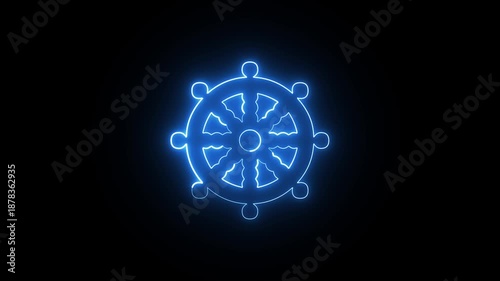 Glowing neon ship wheel on black background motion graphic animation.