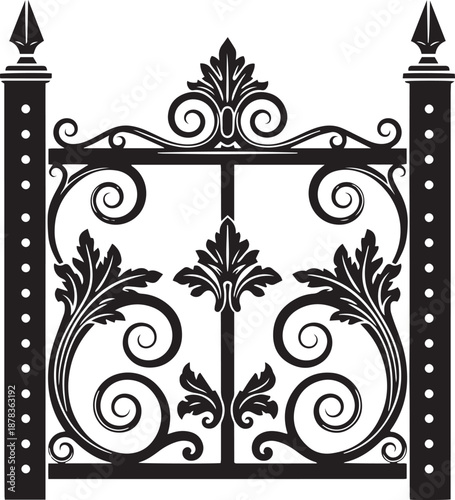 Black ornate wrought iron gate with finials and scrolls