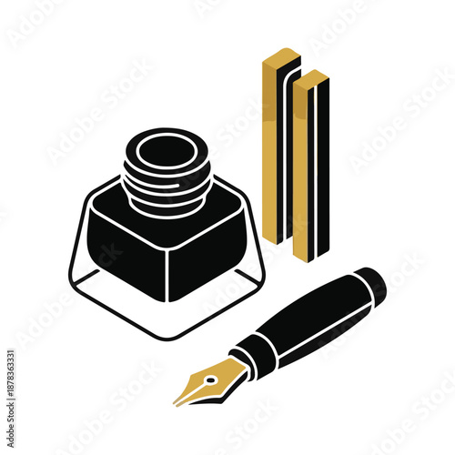 Fountain pen and inkwell illustration, a classic writing tool with a golden nib, perfect for creative projects or vintage themes