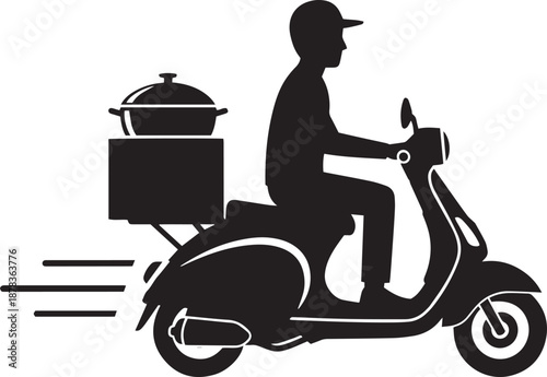 Black silhouette of a delivery person on a scooter with food